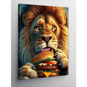 Kanvas Tablo Hamburger Yiyen Sevimli Aslan 100x140 cm