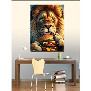 Kanvas Tablo Hamburger Yiyen Sevimli Aslan 100x140 cm