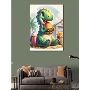 Kanvas Tablo Hamburger Yiyen Sevimli Dinozor 70x100 cm