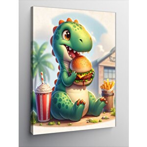 Kanvas Tablo Hamburger Yiyen Sevimli Dinozor 50x70 cm