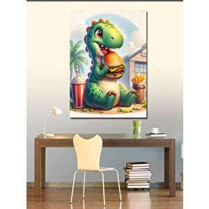 Kanvas Tablo Hamburger Yiyen Sevimli Dinozor 100x140 cm