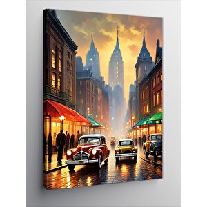 Kanvas Tablo Retro Arabalar Ve Şehir 70x100 cm
