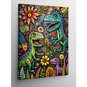 Kanvas Tablo Sevimli Dinazorlar Ve Çiçekler 70x100 cm