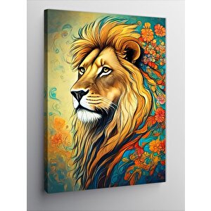 Kanvas Tablo Çiçekli Renkli Aslan 100x140 cm