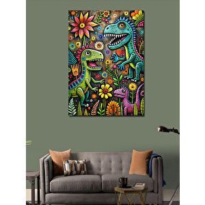 Kanvas Tablo Sevimli Dinazorlar Ve Çiçekler 100x140 cm