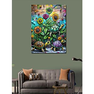 Kanvas Tablo Sevimli Kaplumbağalar Ve Çiçekler 100x140 cm