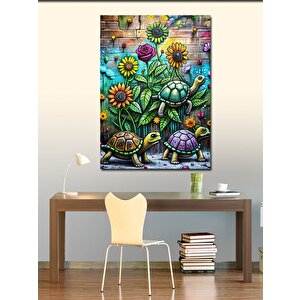 Kanvas Tablo Sevimli Kaplumbağalar Ve Çiçekler 100x140 cm