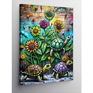 Kanvas Tablo Sevimli Kaplumbağalar Ve Çiçekler 70x100 cm