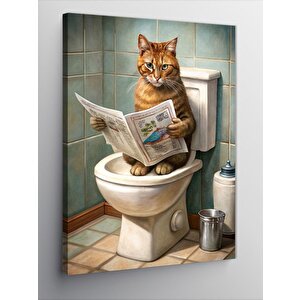Kanvas Tablo Tuvalette Gazete Okuyan Sevimli Kedi 50x70 cm