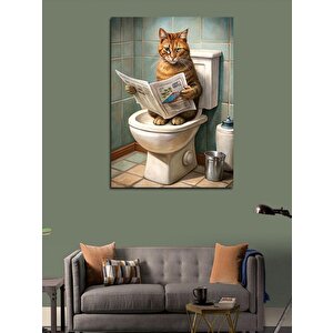 Kanvas Tablo Tuvalette Gazete Okuyan Sevimli Kedi 50x70 cm