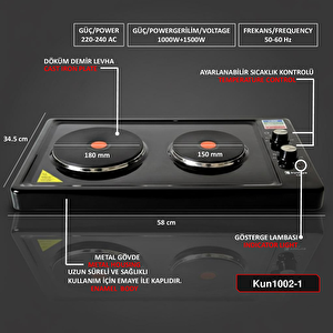 Kunhya 1002-1 İki Gözlü Elektrikli Ocak Siyah Emaye