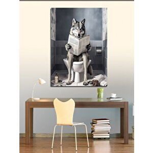 Kanvas Tablo Tuvalette Gazete Okuyan Sibirya Kurdu 70x100 cm