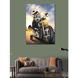 Kanvas Tablo Motosiklet Süren Sibirya Kurdu 100x140 cm
