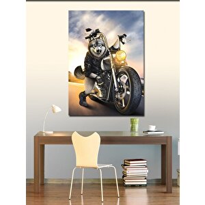 Kanvas Tablo Motosiklet Süren Sibirya Kurdu 100x140 cm