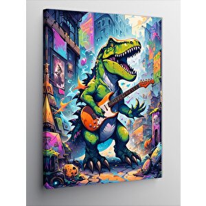 Kanvas Tablo Gitar Çalan Yeşil Dinozor 100x140 cm