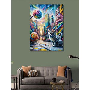 Kanvas Tablo Renkli Ipler Ve Kedi Dünyası 70x100 cm