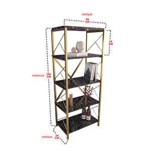 5 Raflı Metal Beyaz Gold Kitaplık Çok Amaçlı Kütüphane Salon Ofis Evrak Rafları Siyah Mermer Desenli