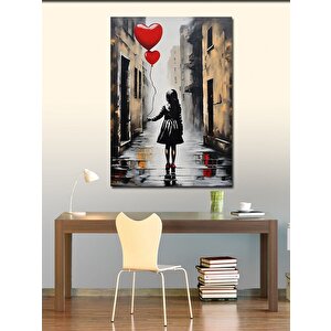 Kanvas Tablo Kalp Şeklinde Uçan Balonlu Kız 100x140 cm