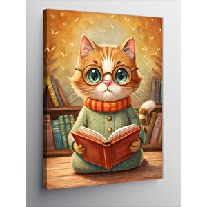 Kanvas Tablo Kitap Okuyan Gözlüklü Kedi 70x100 cm