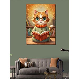 Kanvas Tablo Kitap Okuyan Gözlüklü Kedi 70x100 cm