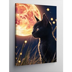 Kanvas Tablo Siyah Kedi Ve Dolunay 70x100 cm