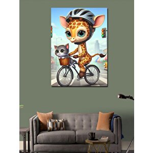 Kanvas Tablo Bisiklet Kullanan Zürafa Ve Kedi 100x140 cm