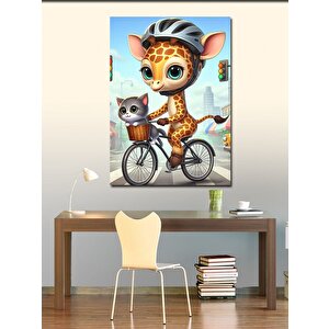 Kanvas Tablo Bisiklet Kullanan Zürafa Ve Kedi 100x140 cm