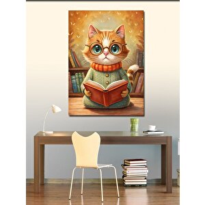 Kanvas Tablo Kitap Okuyan Gözlüklü Kedi 100x140 cm