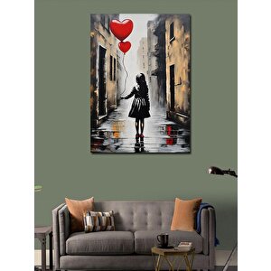 Kanvas Tablo Kalp Şeklinde Uçan Balonlu Kız 70x100 cm