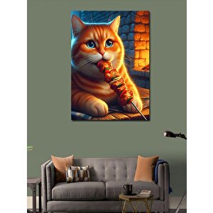 Kanvas Tablo Şiş Kebap Yiyen Kedi 100x140 cm