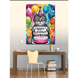Kanvas Tablo Doğum Günü Kutlayan Kedi 100x140 cm