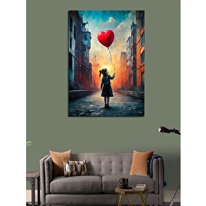 Kanvas Tablo Kalp Şeklinde Uçan Balon Ve Kız 70x100 cm