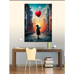 Kanvas Tablo Kalp Şeklinde Uçan Balon Ve Kız 70x100 cm