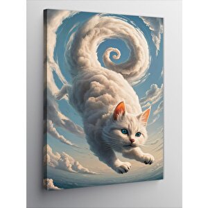 Kanvas Tablo Beyaz Kedi Ve Bulut Sarmalı 70x100 cm