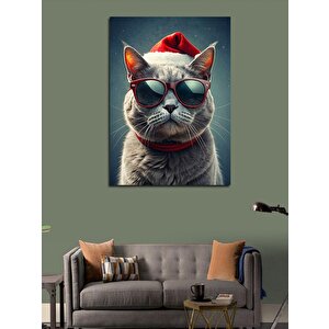 Kanvas Tablo Gözlüklü Ve Noel Baba Şapkalı Kedi 100x140 cm
