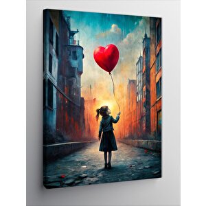 Kanvas Tablo Kalp Şeklinde Uçan Balon Ve Kız 100x140 cm