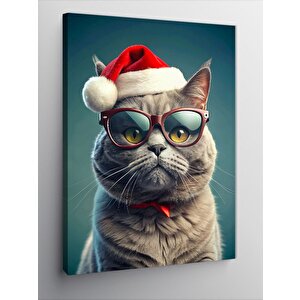 Kanvas Tablo Noel Baba Şapkalı Kedi 50x70 cm