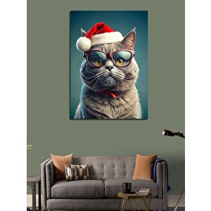 Kanvas Tablo Noel Baba Şapkalı Kedi 50x70 cm