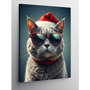 Kanvas Tablo Gözlüklü Ve Noel Baba Şapkalı Kedi 70x100 cm