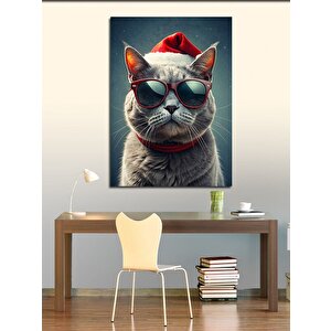 Kanvas Tablo Gözlüklü Ve Noel Baba Şapkalı Kedi 70x100 cm
