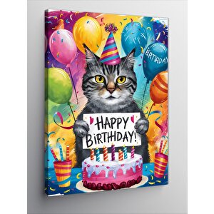 Kanvas Tablo Doğum Günü Kutlayan Kedi