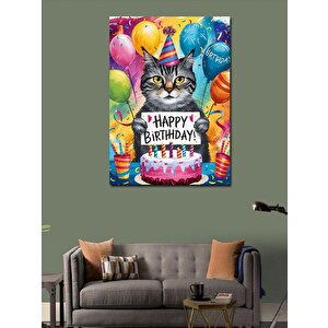 Kanvas Tablo Doğum Günü Kutlayan Kedi 50x70 cm