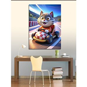Kanvas Tablo Go Kart Kullanan Kedi 70x100 cm