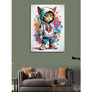 Kanvas Tablo Kapşonlu Sporcu Tekir Kedi 100x140 cm