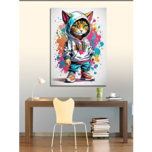 Kanvas Tablo Kapşonlu Sporcu Tekir Kedi 100x140 cm
