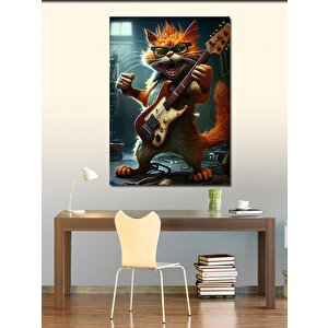 Kanvas Tablo Elektro Gitar Çalan Turuncu Kedi 70x100 cm