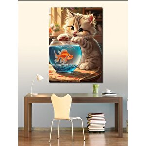 Kanvas Tablo Yavru Kedi Akvaryum Başında 50x70 cm