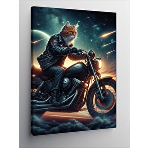 Kanvas Tablo Deri Ceketli Motosiklet Kullanan Kedi 50x70 cm