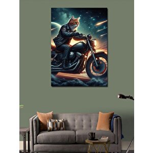 Kanvas Tablo Deri Ceketli Motosiklet Kullanan Kedi 50x70 cm