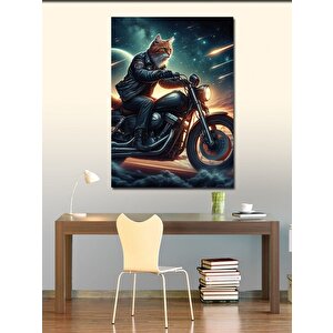 Kanvas Tablo Deri Ceketli Motosiklet Kullanan Kedi 50x70 cm